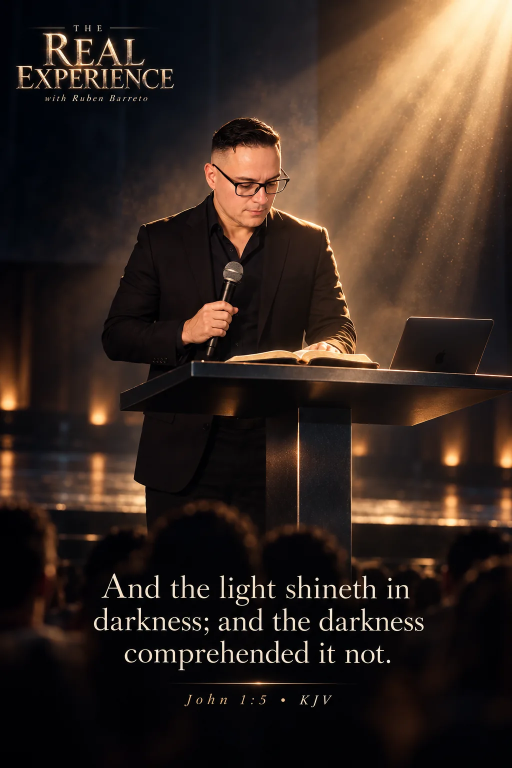 Ruben Barreto reading Scripture at a lectern, with John 1:5 overlaid