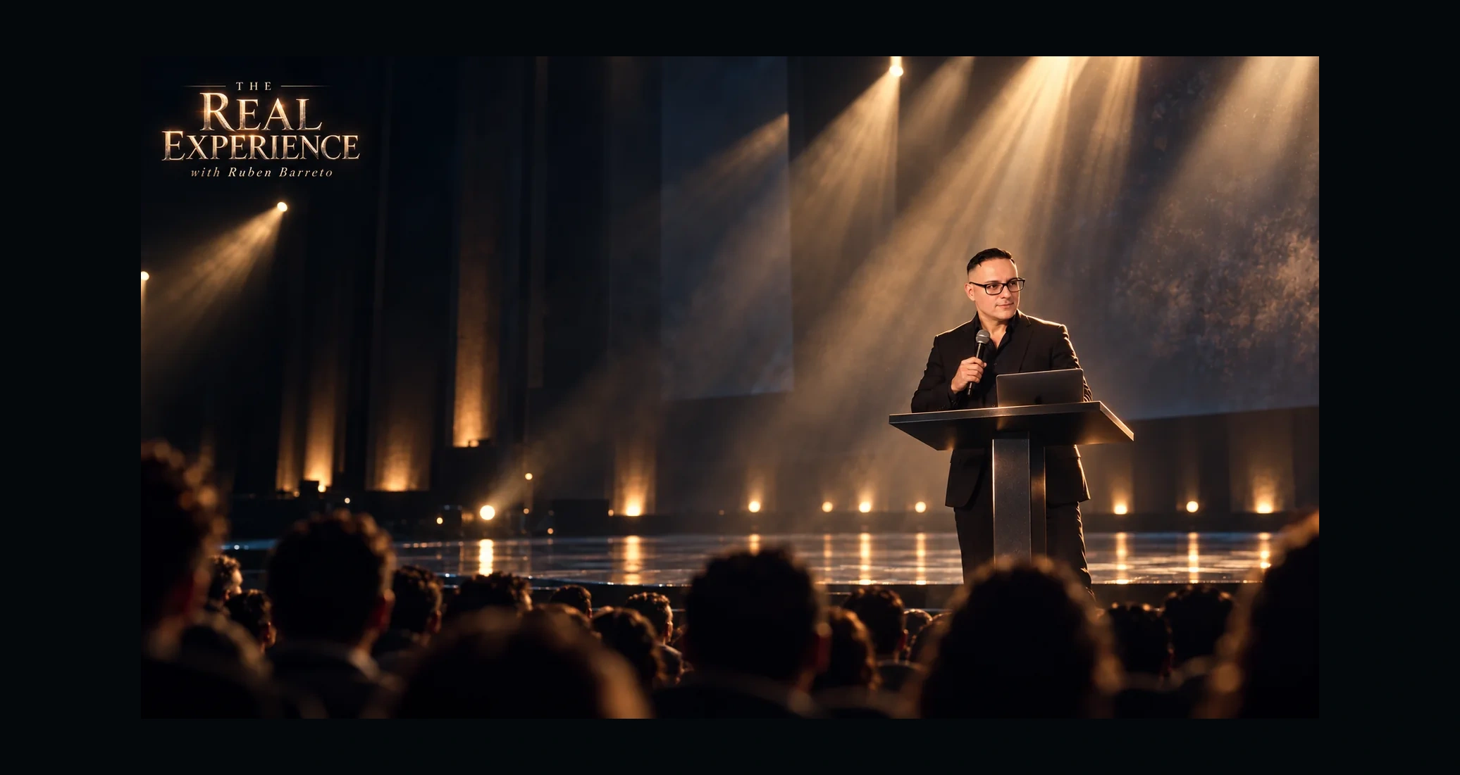 Wide cinematic image of Ruben speaking on stage